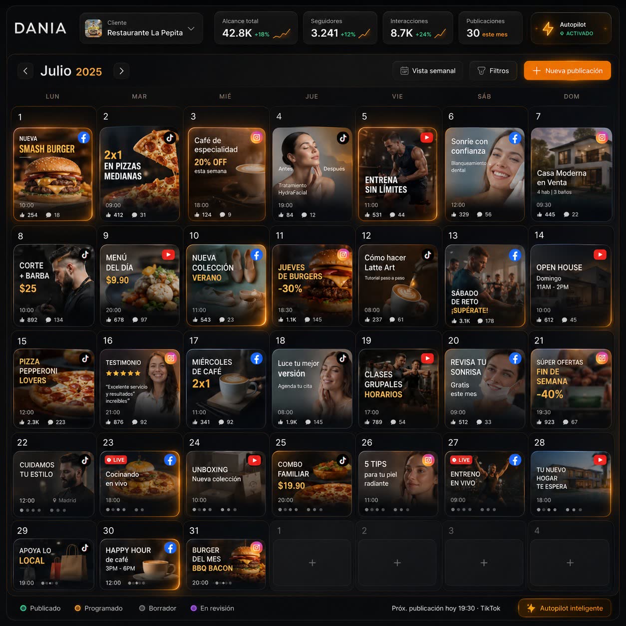DANIA client dashboard — content calendar for Restaurante La Pepita
